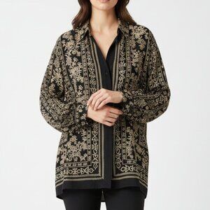 Linda Allard Ellen Tracy Silk Baroque Print Button Down Shirt Black/Gold Size 6P